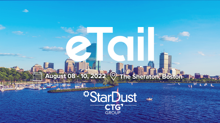A photo of Boston with a text that reads: eTail, August 8 - 10, the Sheraton, Boston